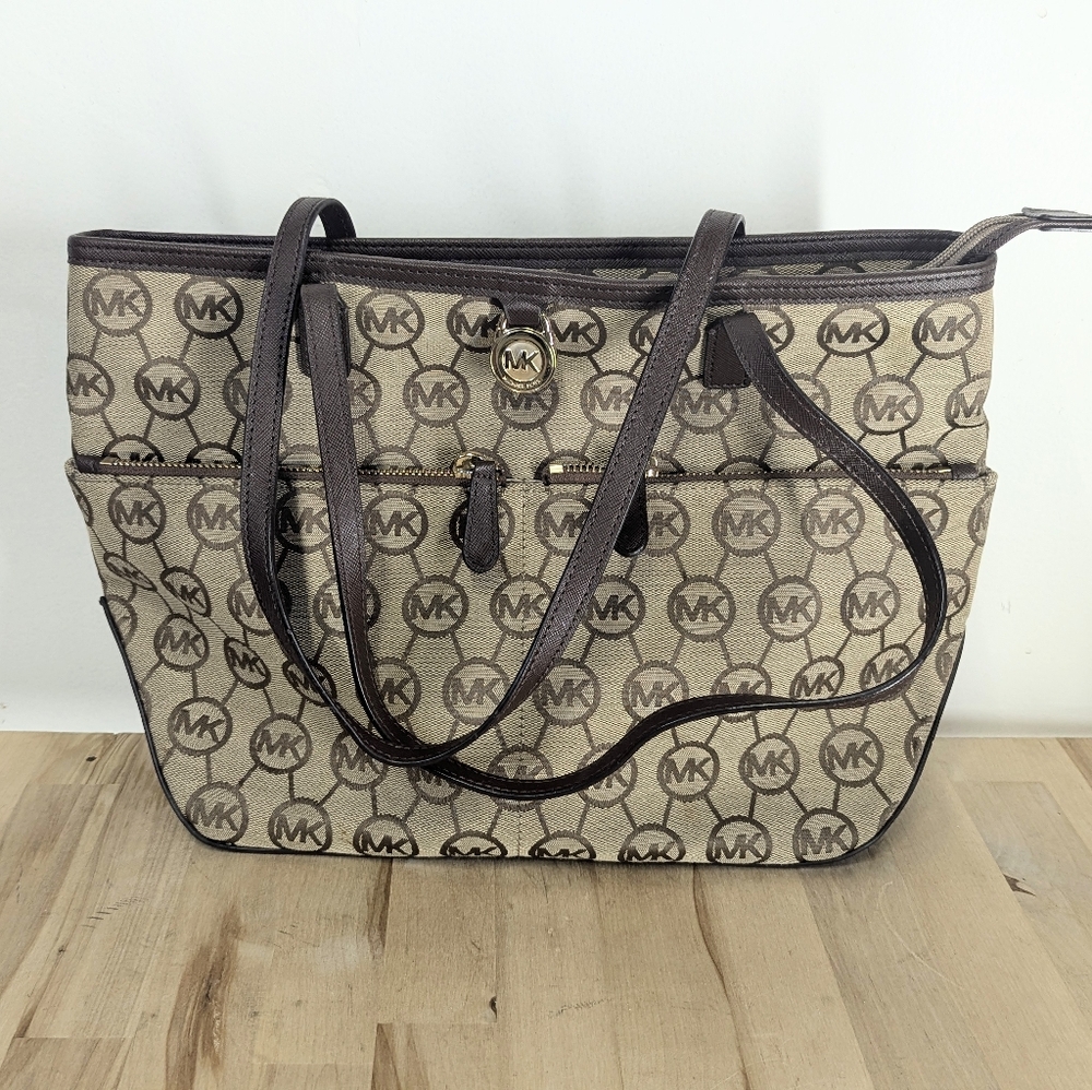 Michael Kors Brown Logo Tote Bag Shoulder Multi Pocket Everyday Canvas Jacquard